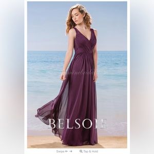 L184016 Long V-neck Belsoie Tiffany Chiffon & Lace Dress, Bordeaux, Size12